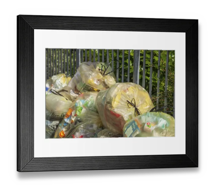 Framed Print : Stacked yellow bags for plastic waste, Germany
