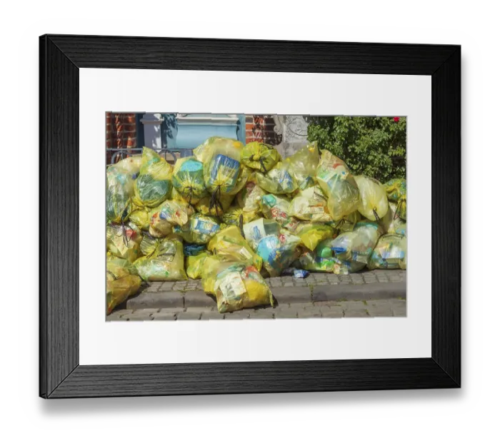 Framed Print : Stacked yellow bags for plastic waste, Germany Framed Print : Stacked yellow bags for plastic waste, Germany