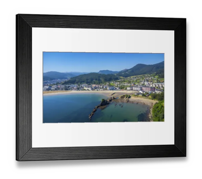 Framed Print : Aerial view of covas beach meeting the charming town of viveiro