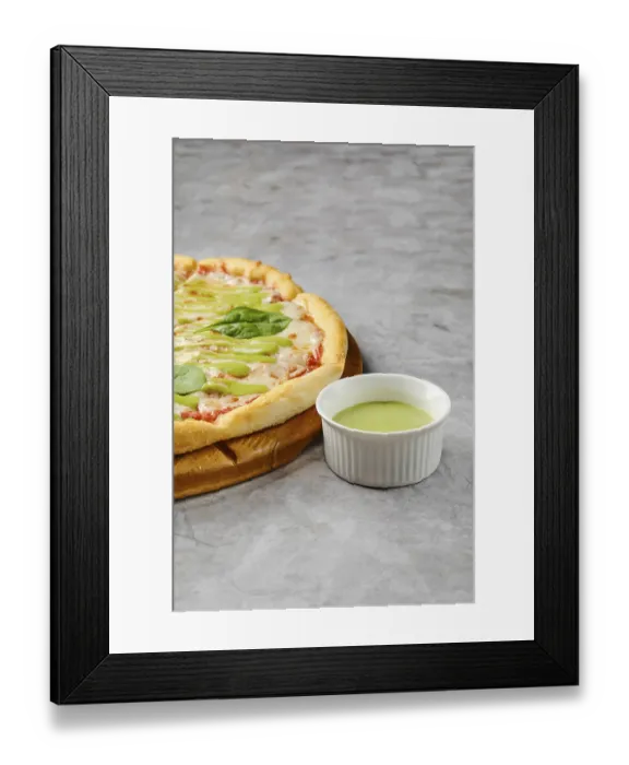 Framed Print : This dish features a freshly baked pizza with a golden crust adorned with toppings like fresh greens