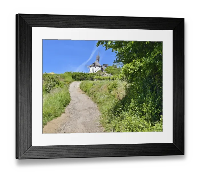 Framed Print : Narrow path leads through green landscape to windmill under clear sky Retz Weinviertel Lower Austria Austria