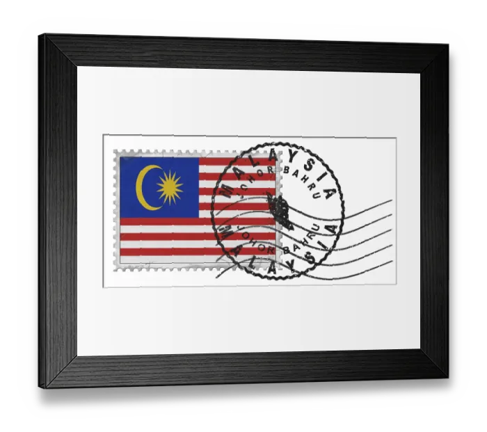 Framed Print : Malaysia Johor Bahru Stamp with National Flag and Postmark