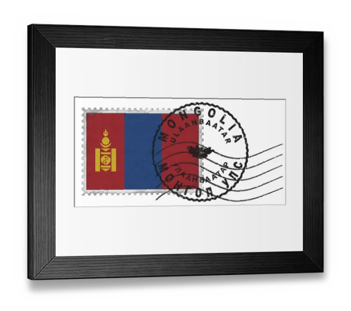 Framed Print : Mongolia Ulaanbaatar Stamp with National Flag and Postmark