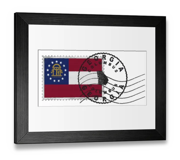 Framed Print : Georgia Columbus Stamp with National Flag and Postmark