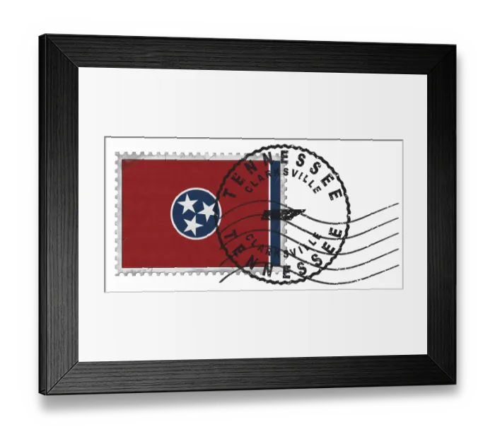 Framed Print : Tennessee Clarksville Stamp with National Flag and Postmark Framed Print : Tennessee Clarksville Stamp with National Flag and Postmark