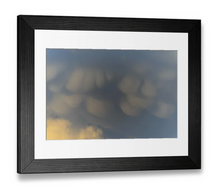Framed Print : Unusual cloud structures create captivating shapes against a backdrop of warm colours as the sun sets Framed Print : Unusual cloud structures create captivating shapes against a backdrop of warm colours as the sun sets