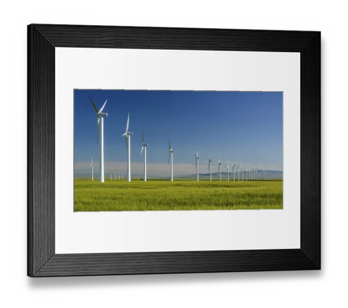 Framed Print : A row of tall white wind turbines in a wind farm near Pincher Creek in southern Alberta