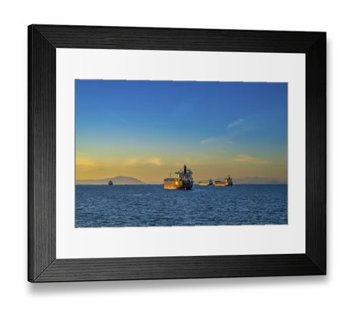 Framed Print : A group of four cargo freighters floating at anchor outside of Nanaimo harbour