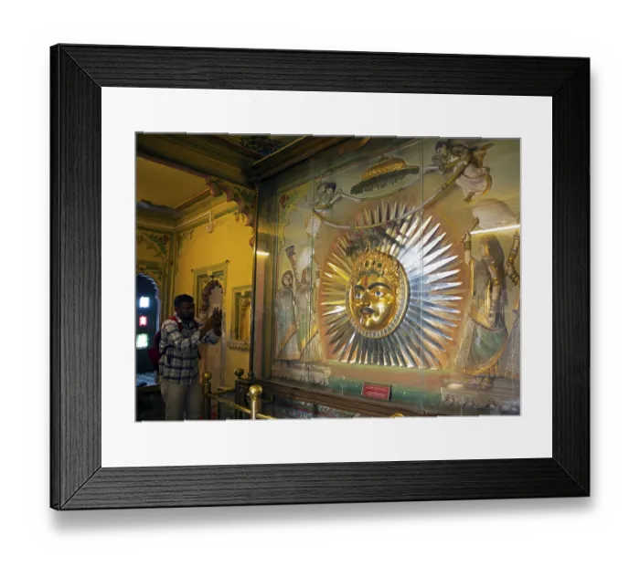 Framed Print : Mewad kingdom mask, sun god symbol in the City Palace Museum