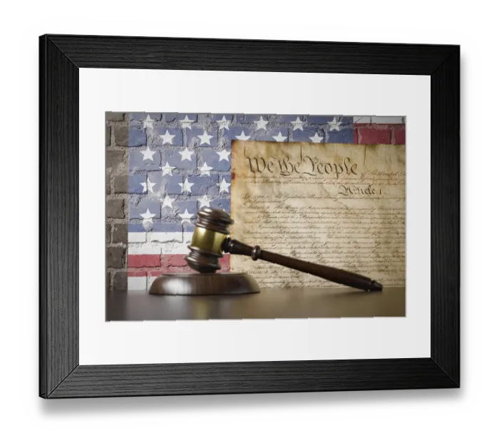 Framed Print : United states constitution and american flag on wall with gavel resting on table in front