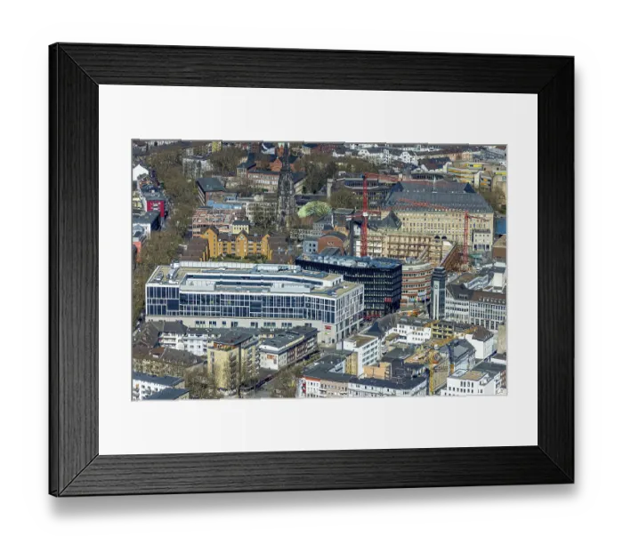 Framed Print : Aerial view, Husemann Karree, red brick building inner courtyard with construction site for Haus des Wissens