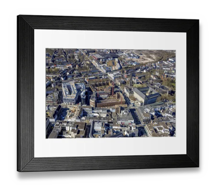 Framed Print : Aerial view, red brick building inner courtyard with construction site for Haus des Wissens