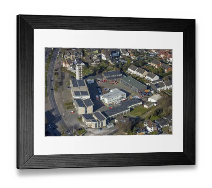 Framed Print : Aerial view, Bottrop fire brigade with fire defence tower and solar roof in the north-east district