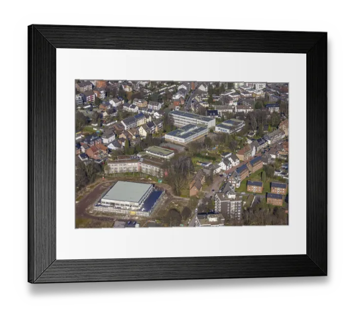Framed Print : Aerial view, construction site with new three-court sports hall NeustraBe corner Westring on the former sports Framed Print : Aerial view, construction site with new three-court sports hall NeustraBe corner Westring on the former sports