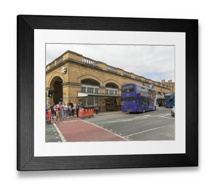 Framed Print : Double-decker buses outside York railway station building