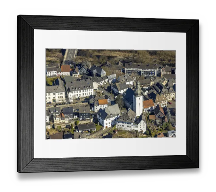 Framed Print : Aerial view, old town with half-timbered houses and bell tower of the town chapel St Framed Print : Aerial view, old town with half-timbered houses and bell tower of the town chapel St
