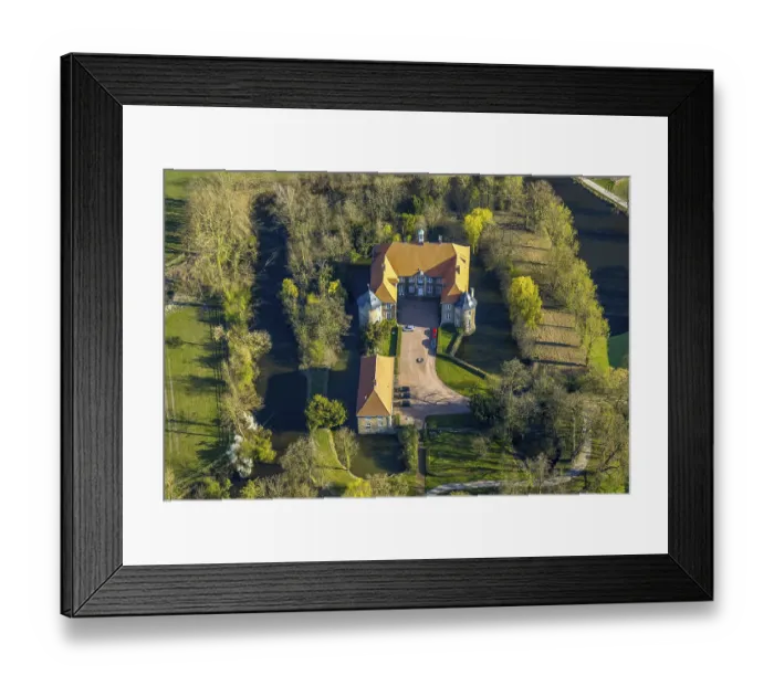 Framed Print : Aerial view, Itlingen Castle, moated castle in the farming community Forsthovel-MerschstraBe