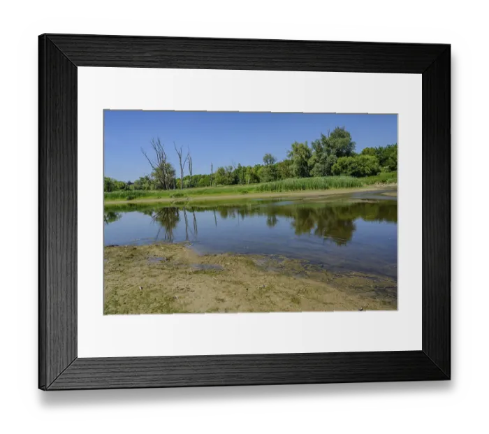 Framed Print : Water surface with reflected sky and surrounding green shore