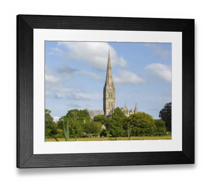 Framed Print : View over water meadows to Salisbury cathedral church
