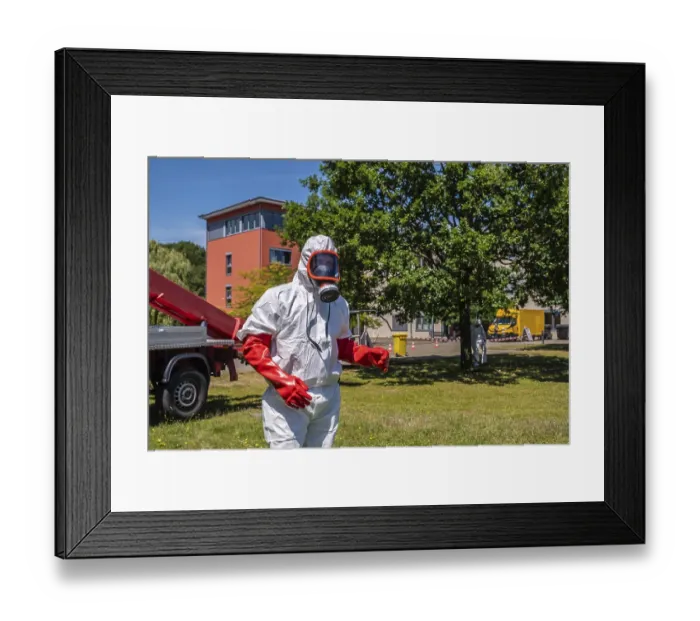 Framed Print : Pest controller in protective suit during oak processionary moth operation Framed Print : Pest controller in protective suit during oak processionary moth operation