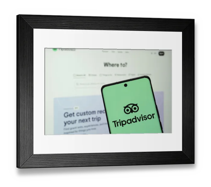 Framed Print : Dhaka, Bangladesh- 22 June 2025: The logo of the Tripadvisor is displayed on a smartphone screen
