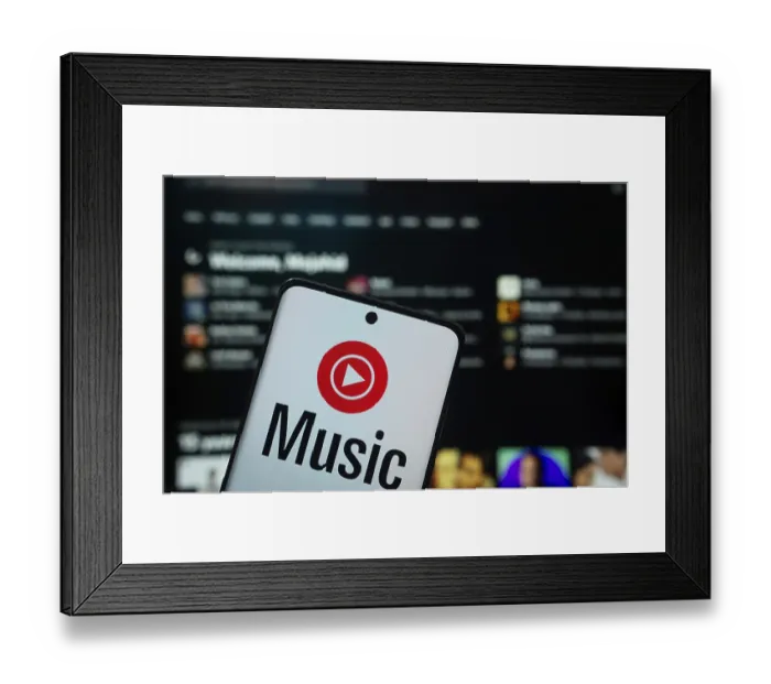 Framed Print : Dhaka, Bangladesh- 04 July 2025: Youtube Music logo is displayed on a smartphone screen
