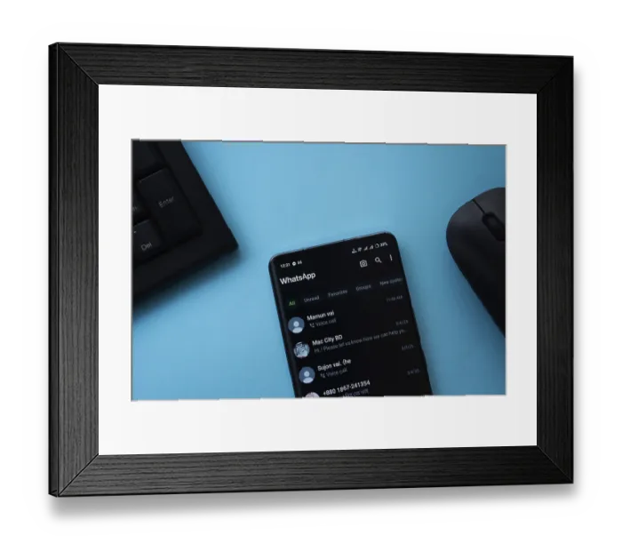 Framed Print : Dhaka, Bangladesh- 04 July 2025: A smartphone displaying the WhatsApp homepage
