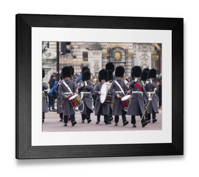 Framed Print : British guards in ceremonial dress marching with drums near Buckingham Palace in the City of Westminster Framed Print : British guards in ceremonial dress marching with drums near Buckingham Palace in the City of Westminster
