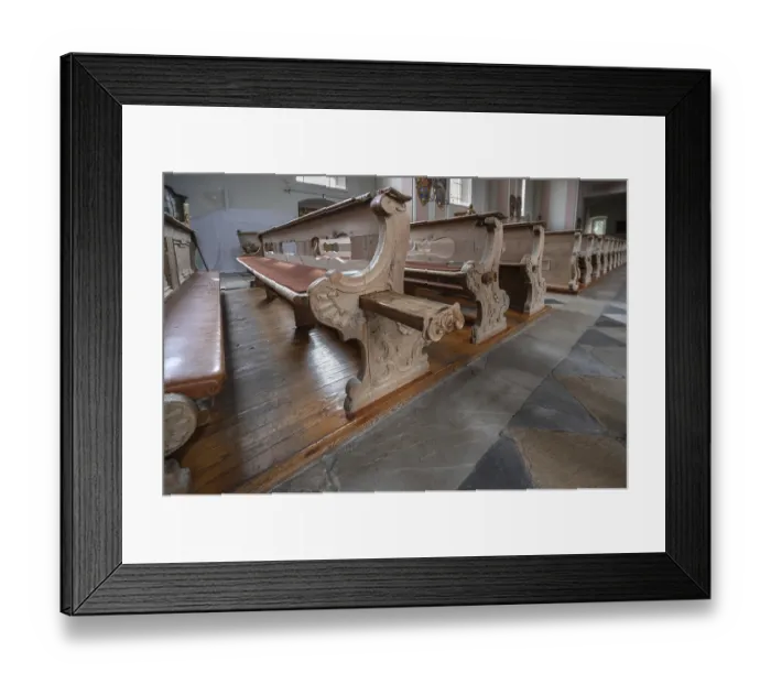 Framed Print : Pull-out emergency seats on the pews Framed Print : Pull-out emergency seats on the pews