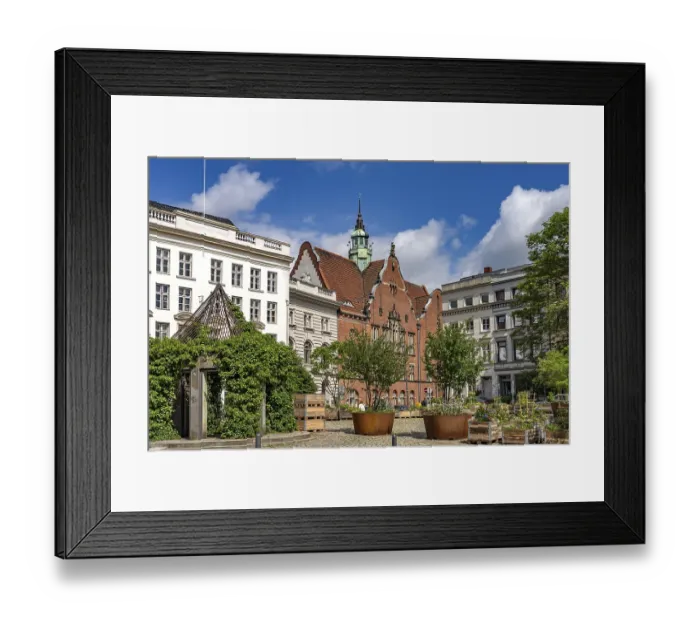 Framed Print : Flower boxes on Geibelplatz and the Ernestinenschule in the Hanseatic city of Lubeck