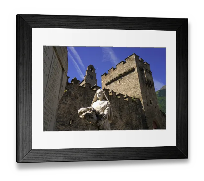 Framed Print : Monument in front of the Church of Saint-Andre or Church of the Templars in Luz-Saint-Sauveur