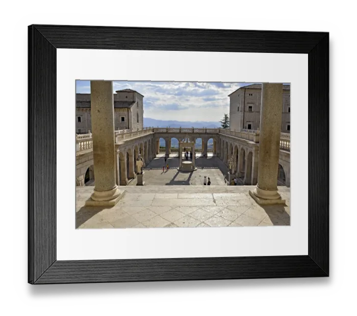 Framed Print : Bramante cloister with cistern and statues of St Benedict and St Scholastica of Nursia