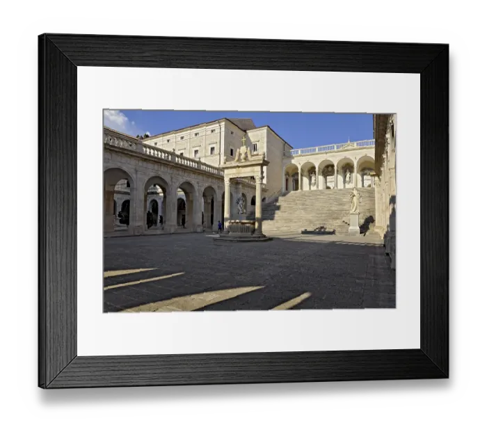 Framed Print : Bramante cloister with cistern and statues of St Benedict and St Scholastica of Nursia