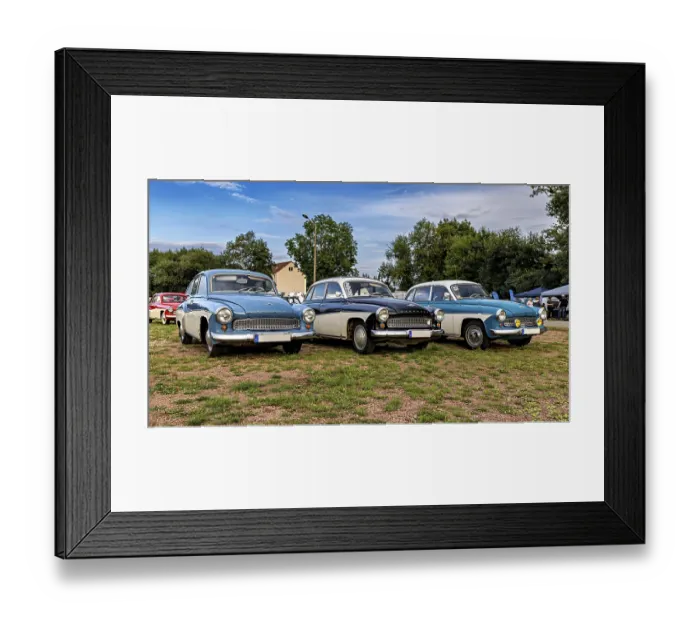 Framed Print : Three combined vintage cars in blue