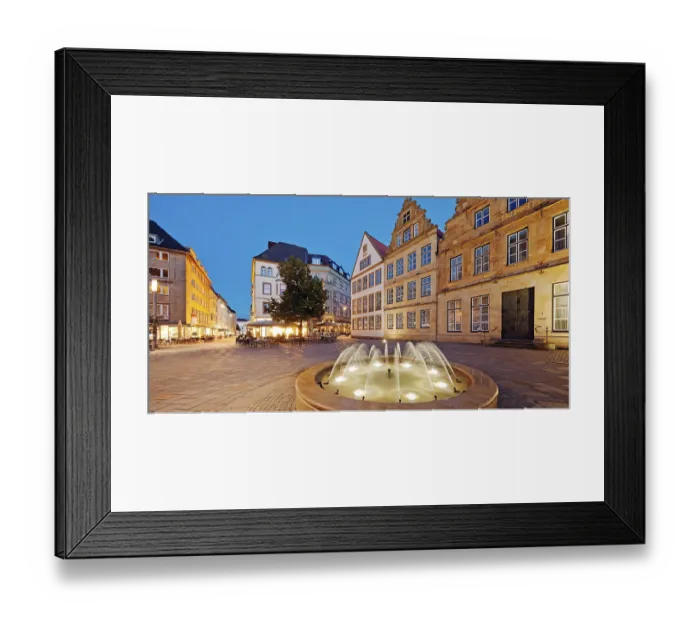 Framed Print : Old market with fountain and town houses in the evening