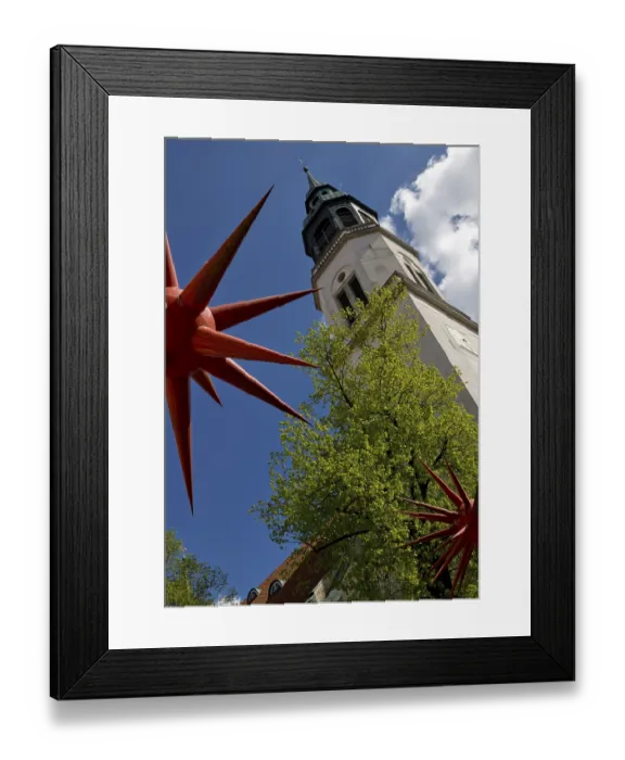 Framed Print : Artwork by Otto Piene entitled Fireworks for Celle in front of the tower of the town church in the historic city centre