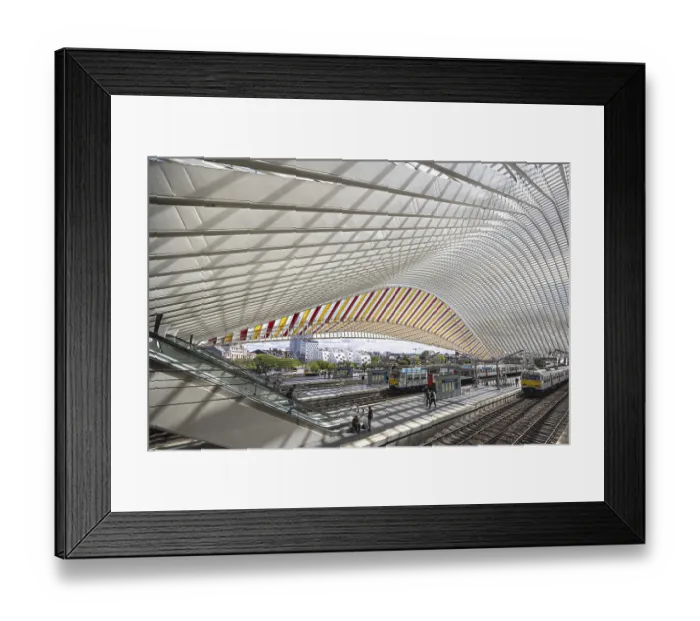 Framed Print : Modern station concourse with curved glass roof and visible train tracks