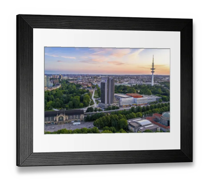 Framed Print : Aerial view of the CCH and Radisson Blue Hotel at Dammtor at sunset