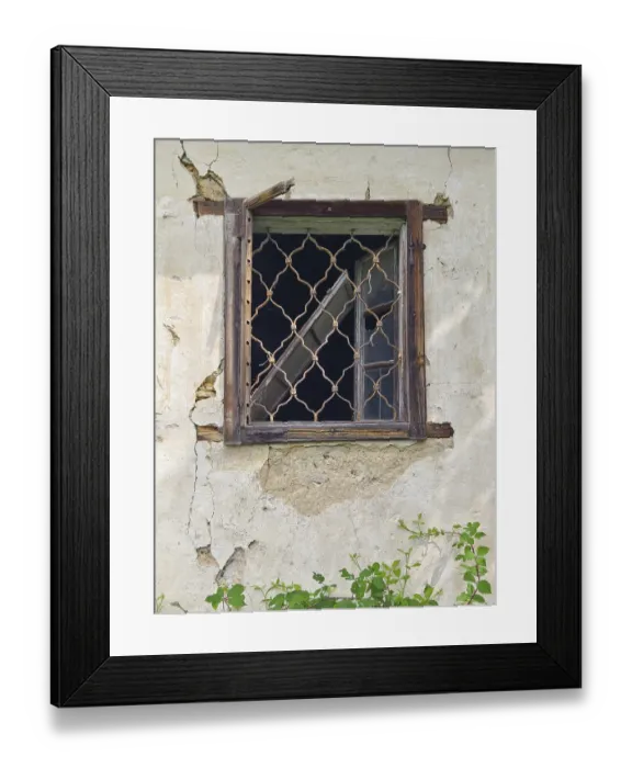 Framed Print : Old window with wooden lattice in a crumbling wall