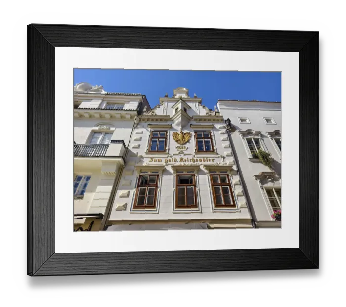 Framed Print : Decorative historic facade with eagle on a bright blue sky Old town Burgerhaus Zum goldenen Reichsadler Krems