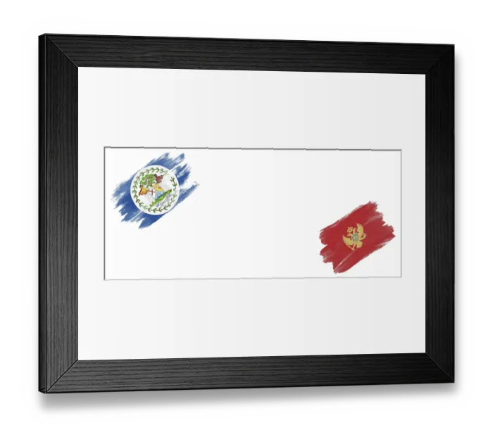 Framed Print : Belize and Montenegro Flags on White Background