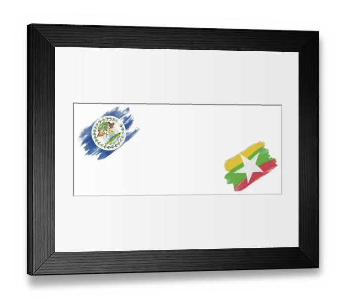 Framed Print : Belize and Myanmar Flags on White Background Framed Print : Belize and Myanmar Flags on White Background
