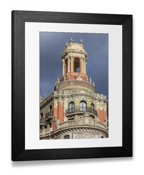 Framed Print : Detail of the decorated top of the Edificio del Banco de Valencia (Banco de Valencia building)