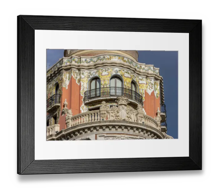 Framed Print : Detail of the decorated top of the Edificio del Banco de Valencia (Banco de Valencia building)