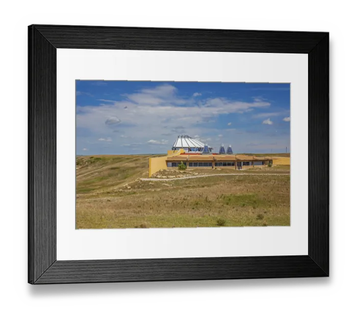 Framed Print : The unique architecture of the Blackfoot Crossing Historical Park building near Cluny