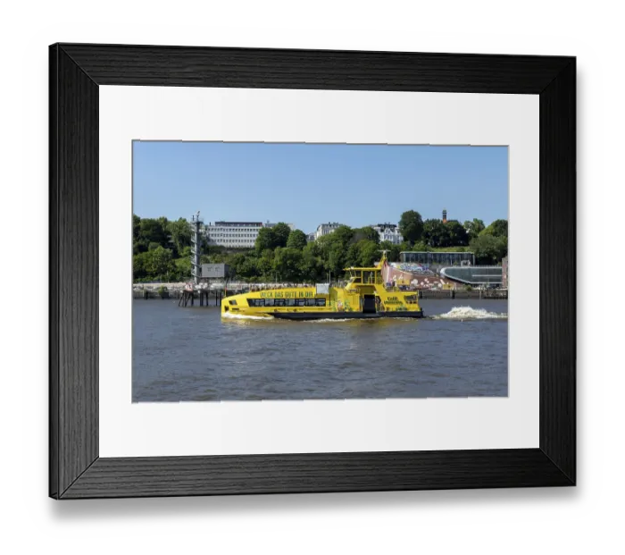 Framed Print : Summer, tourist attraction, ferry Grasbrook of HADAG Verkehrsbetriebe on the Elbe in the harbour of Hamburg Framed Print : Summer, tourist attraction, ferry Grasbrook of HADAG Verkehrsbetriebe on the Elbe in the harbour of Hamburg