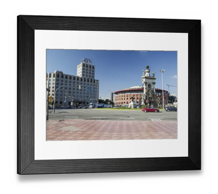 Framed Print : Urban street scene with modern and historic building under a blue sky