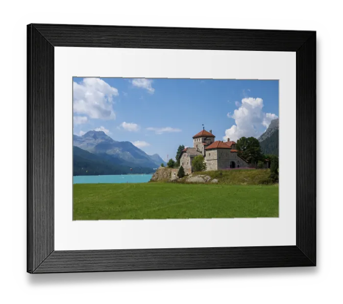 Framed Print : Crap da Sass Castle on Lake Silvaplana near St Framed Print : Crap da Sass Castle on Lake Silvaplana near St