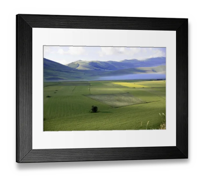 Framed Print : Wide green fields with misty hills in the background Framed Print : Wide green fields with misty hills in the background