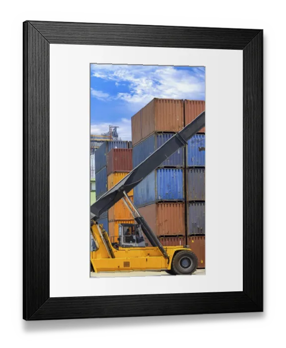 Framed Print : Busy international industrial port with freight and shipment docks and cargo containers